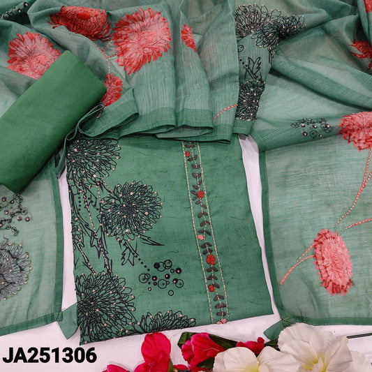 CODE JA251306 : Turquoise green abstract printed semi linen unstitched salwar material, hand embroidered on yoke& front(lining needed)matching lining provided, NO BOTTOM, floral printed semi linen dupatta with hand work.