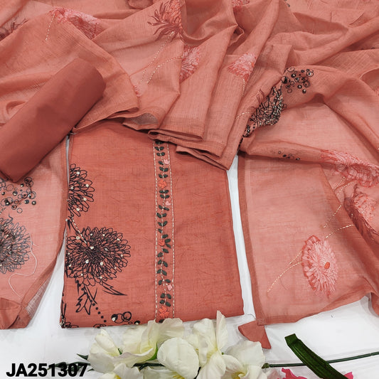 CODE JA251307 : Dark peach abstract printed semi linen unstitched salwar material, hand embroidered on yoke& front(lining needed)matching lining provided, NO BOTTOM, floral printed semi linen dupatta with hand work.