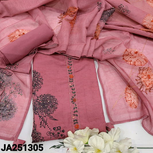 CODE JA251305 : Pink abstract printed semi linen unstitched salwar material, hand embroidered on yoke& front(lining needed)matching lining provided, NO BOTTOM, floral printed semi linen dupatta with hand work.