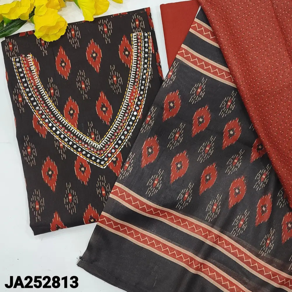 CODE JA252813: Black base ikat printed cotton unstitched salwar material v neck with embroidered & mirror work (lining