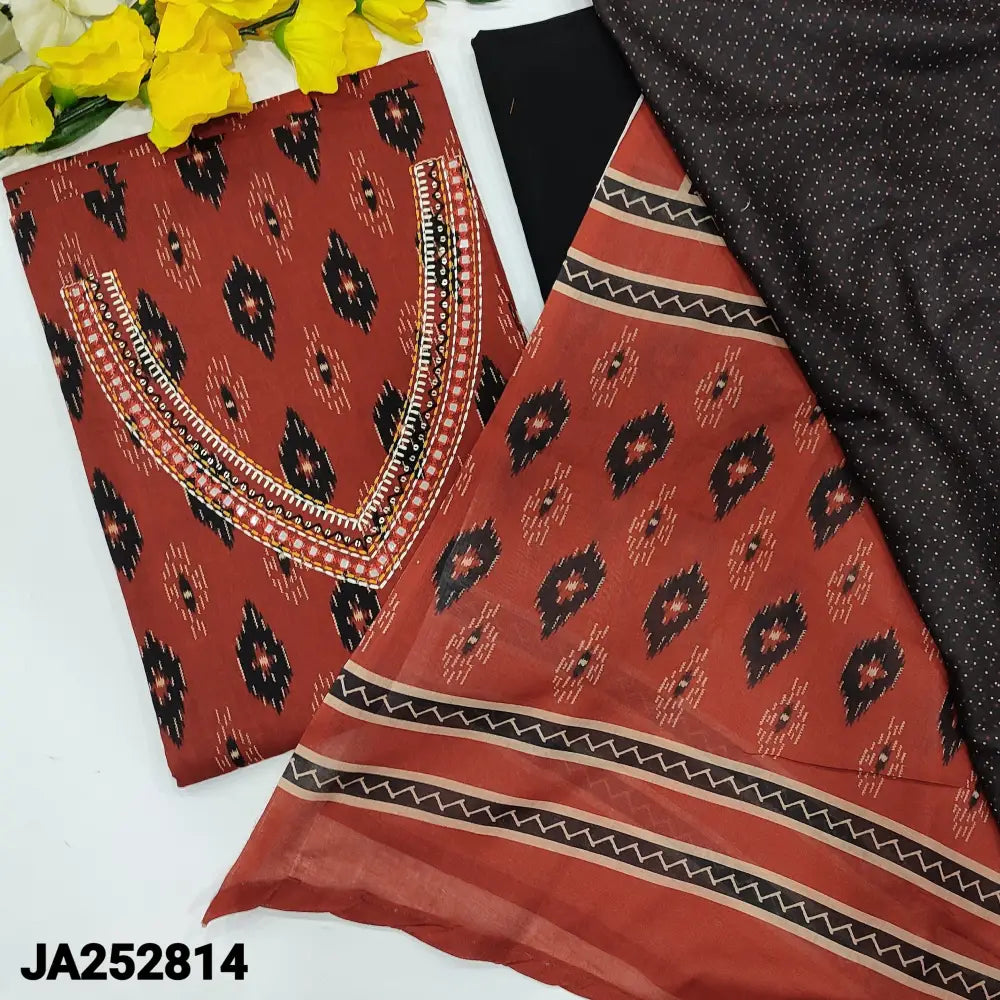 CODE JA252814: Maroon base ikat printed cotton unstitched salwar material v neck with embroidered& mirror work (lining