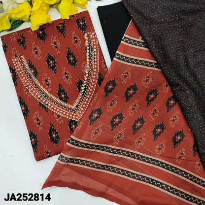 CODE JA252814: Maroon base ikat printed cotton unstitched salwar material v neck with embroidered& mirror work (lining