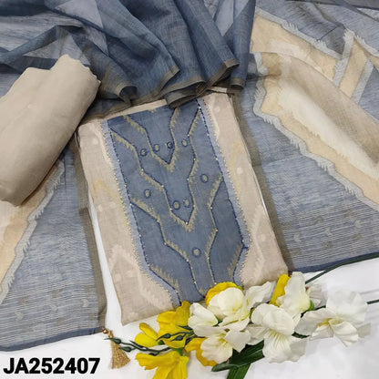 CODE JA252407: Light beige jamdani woven premium silk cotton unstitched salwar material Bluish grey yoke with stitch&