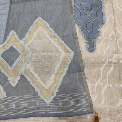 CODE JA252407: Light beige jamdani woven premium silk cotton unstitched salwar material Bluish grey yoke with stitch&