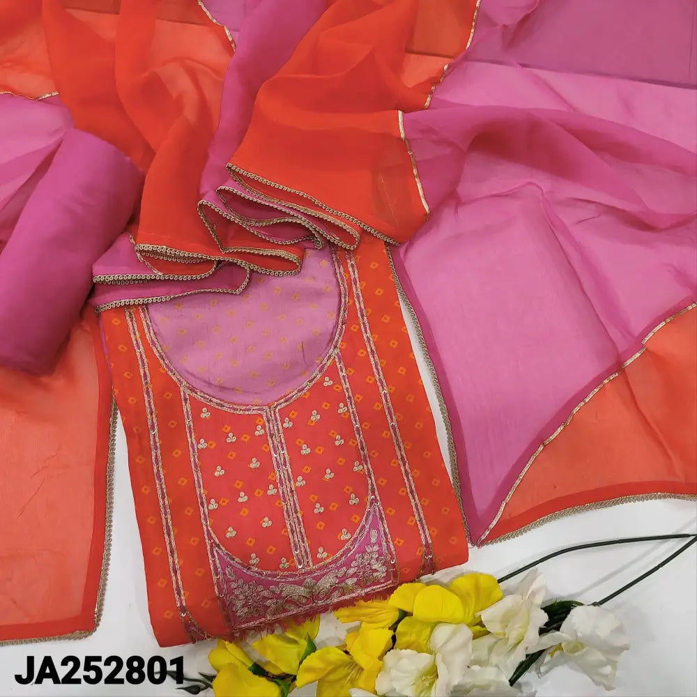 CODE JA252801: Bright peachish pink & rani pink bandhini printed russian silk unstitched salwar material zari work
