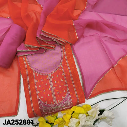 CODE JA252801: Bright peachish pink & rani pink bandhini printed russian silk unstitched salwar material zari work