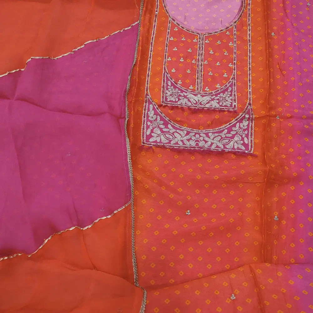 CODE JA252801: Bright peachish pink & rani pink bandhini printed russian silk unstitched salwar material zari work