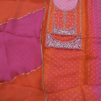 CODE JA252801: Bright peachish pink & rani pink bandhini printed russian silk unstitched salwar material zari work