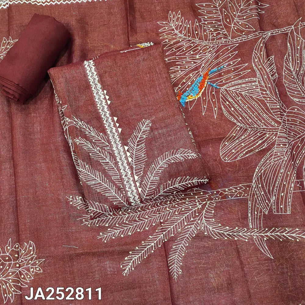 CODE JA252811: Dark maroon with golden tint pure tissue linen unstitched salwar material rich hand embroidered