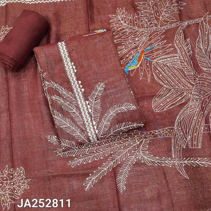 CODE JA252811: Dark maroon with golden tint pure tissue linen unstitched salwar material rich hand embroidered
