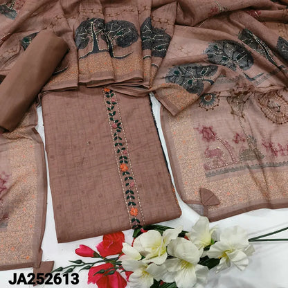 CODE JA252613: Light onion pink premium linen unstitched salwar material hand embroidered on yoke& daman(lining