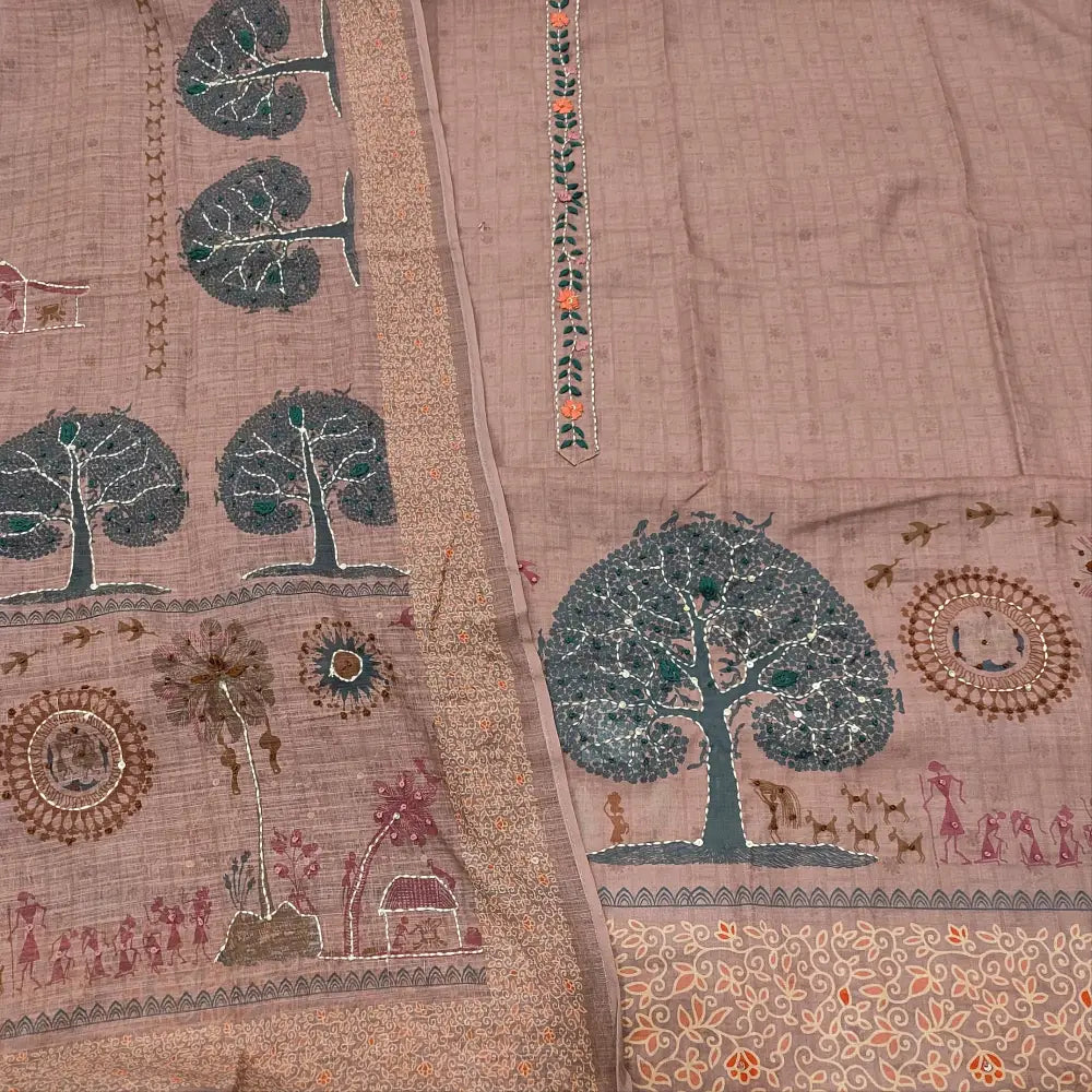 CODE JA252613: Light onion pink premium linen unstitched salwar material hand embroidered on yoke& daman(lining