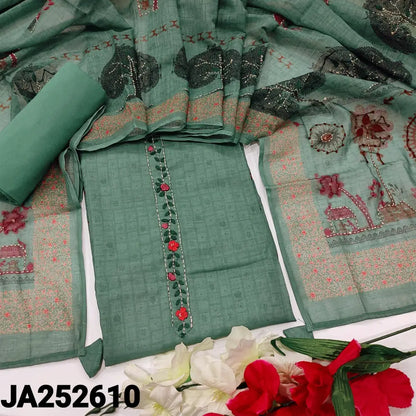 CODE JA252610: Bluish green premium linen unstitched salwar material hand embroidered on yoke& daman(lining needed)drum