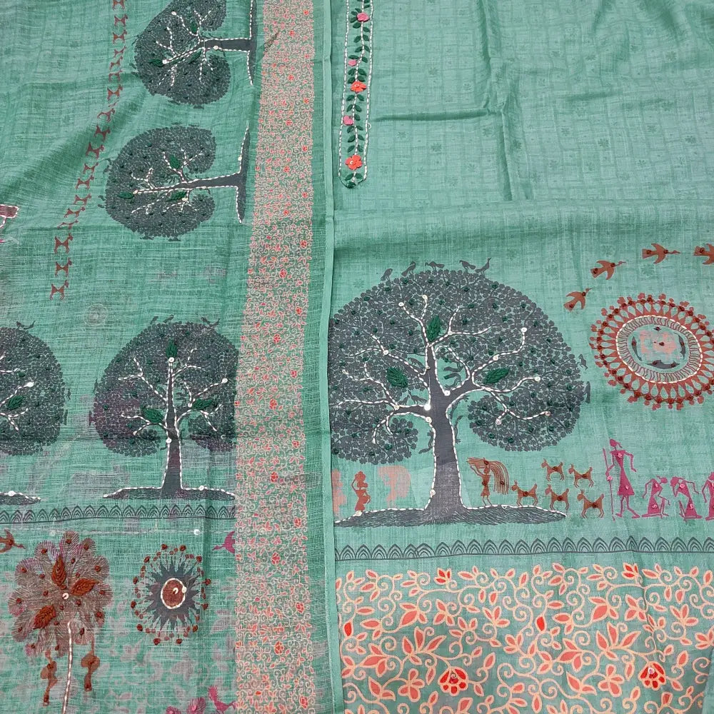 CODE JA252610: Bluish green premium linen unstitched salwar material hand embroidered on yoke& daman(lining needed)drum