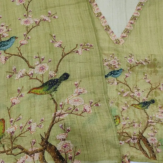 CODE JA252703: Tender leaf green with golden tint designer tissue linen unstitched salwar material v neck hand