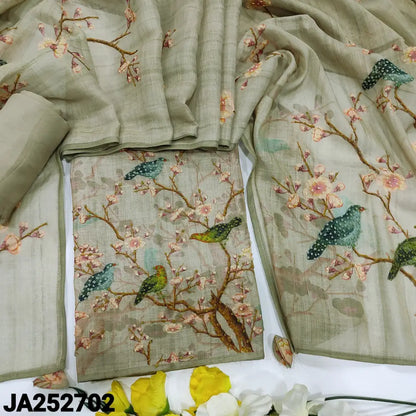 CODE JA252702: Light grey with golden tint designer tissue linen unstitched salwar material v neck hand embroidered