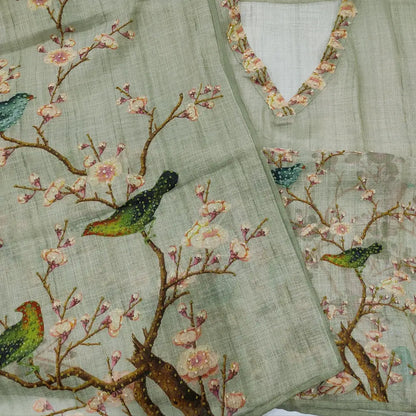 CODE JA252702: Light grey with golden tint designer tissue linen unstitched salwar material v neck hand embroidered