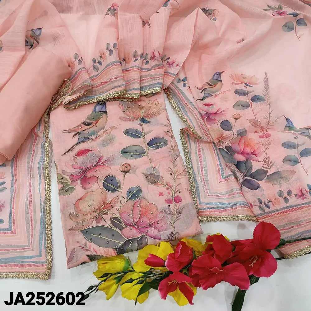 CODE JA252602: Pastel pink printed semi linen unstitched salwar material fancy buttons on yoke zari &zardozi work