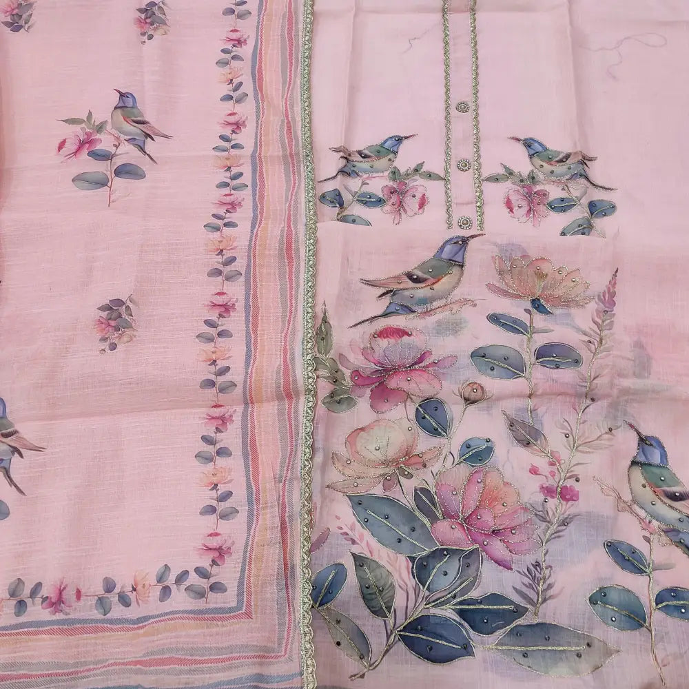 CODE JA252602: Pastel pink printed semi linen unstitched salwar material fancy buttons on yoke zari &zardozi work