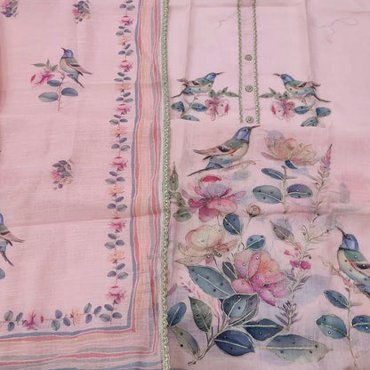 CODE JA252602: Pastel pink printed semi linen unstitched salwar material fancy buttons on yoke zari &zardozi work