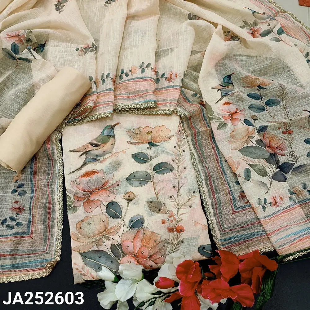 CODE JA252603: Light beige printed semi linen unstitched salwar material fancy buttons on yoke zari &zardozi work