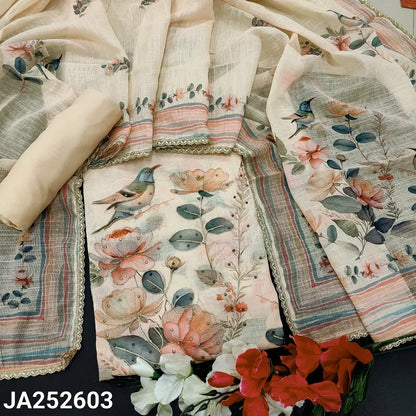 CODE JA252603: Light beige printed semi linen unstitched salwar material fancy buttons on yoke zari &zardozi work