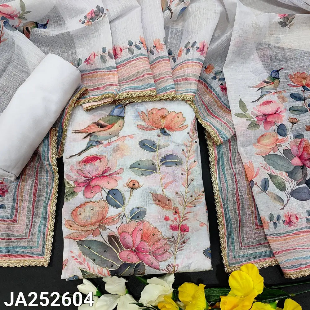 CODE JA252604: Light powder blue printed semi linen unstitched salwar material fancy buttons on yoke zari &zardozi work