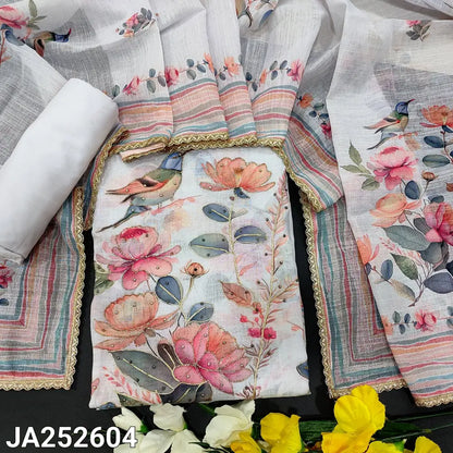 CODE JA252604: Light powder blue printed semi linen unstitched salwar material fancy buttons on yoke zari &zardozi work