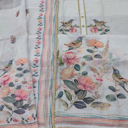 CODE JA252601: Sea green printed semi linen unstitched salwar material fancy buttons on yoke zari &zardozi work