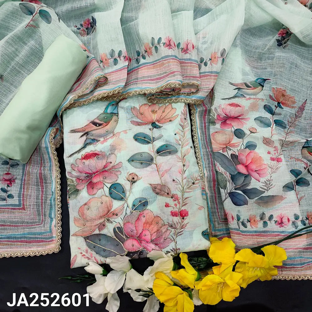 CODE JA252601: Sea green printed semi linen unstitched salwar material fancy buttons on yoke zari &zardozi work
