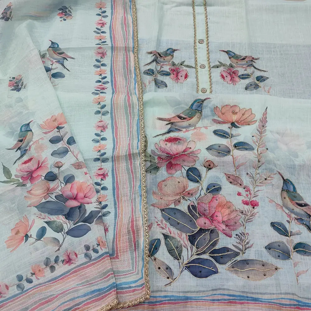 CODE JA252604: Light powder blue printed semi linen unstitched salwar material fancy buttons on yoke zari &zardozi work