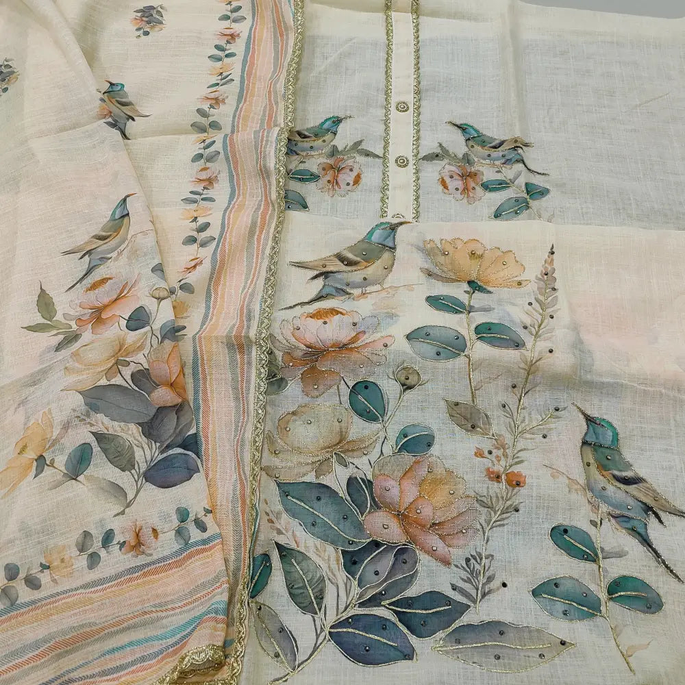 CODE JA252603: Light beige printed semi linen unstitched salwar material fancy buttons on yoke zari &zardozi work