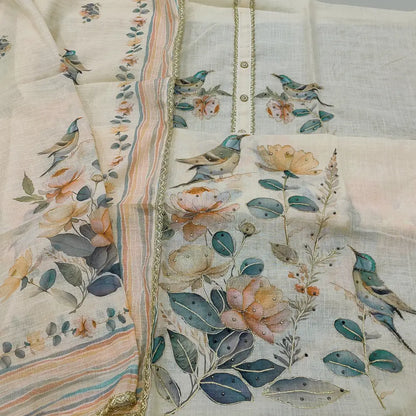 CODE JA252603: Light beige printed semi linen unstitched salwar material fancy buttons on yoke zari &zardozi work