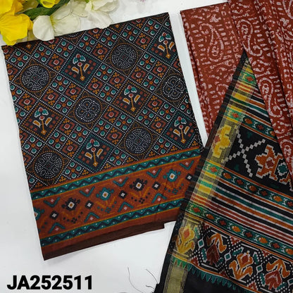 CODE JA252511: Black base patola printed fancy silk unstitched salwar material(lining needed)printed dark maroon fancy