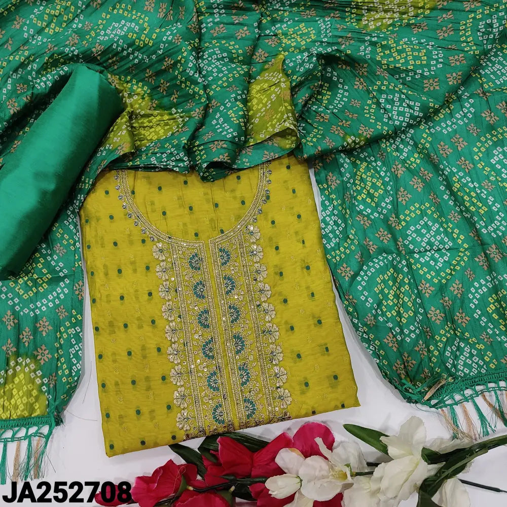 CODE JA252708: Bright green fancy silk cotton unstitched salwar material thread &zari work on yoke thread& zari woven