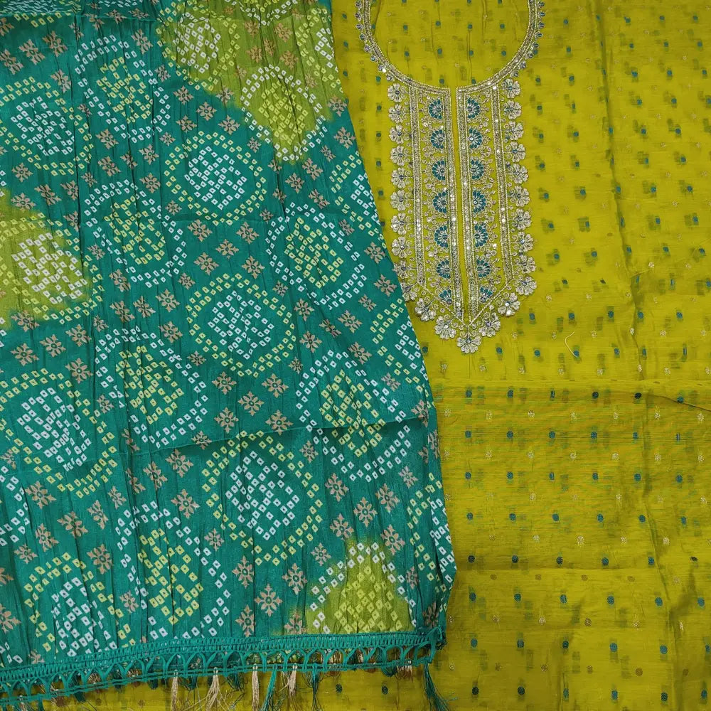 CODE JA252708: Bright green fancy silk cotton unstitched salwar material thread &zari work on yoke thread& zari woven