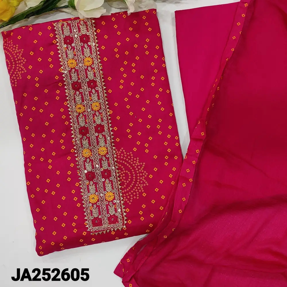 CODE JA252605: Bright pink bandhini printed cotton unstitched salwar material thread zari& sequins work on yoke(lining