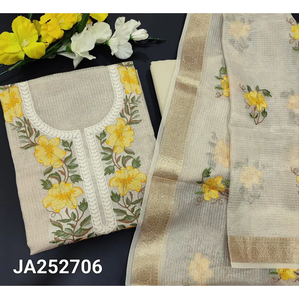 CODE JA252706: Golden beige tissue kota unstitched salwar material yellow floral embroidered on yoke(thin fabric lining