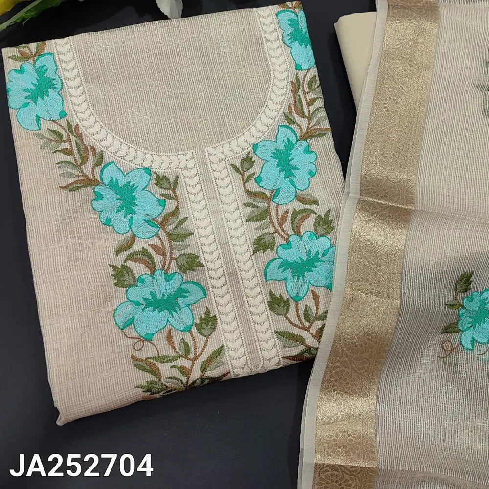 CODE JA252704: Golden beige tissue kota unstitched salwar material blue floral embroidered on yoke(thin fabric lining