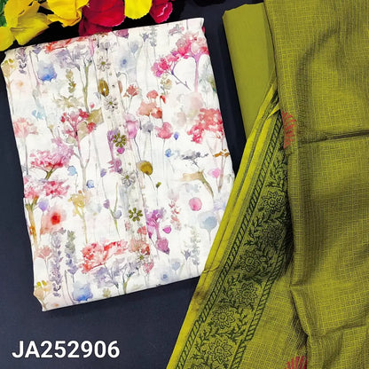CODE JA252906: Half white base semi linen unstitched salwar material embroidered on yoke(lining needed)mossy green