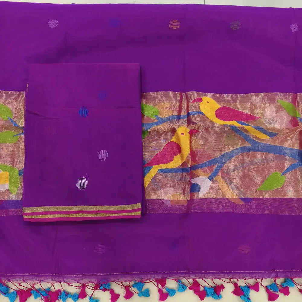 PREORDER: SHIPPING IN 1 WEEK Purple muslin jamdani unstitched salwar material, hand woven design all over(thin, lining needed)hand woven muslin jamdani full length dupatta with rich paithani weaving pallu& hand made tassels. CODE SP250228