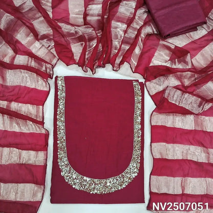 Bright pink soft silk cotton unstitched salwar material (Lining needed) cut, sugar bead, sequins on yoke, matching silky bottom, tissue lines silk cotton dupatta. NV250720