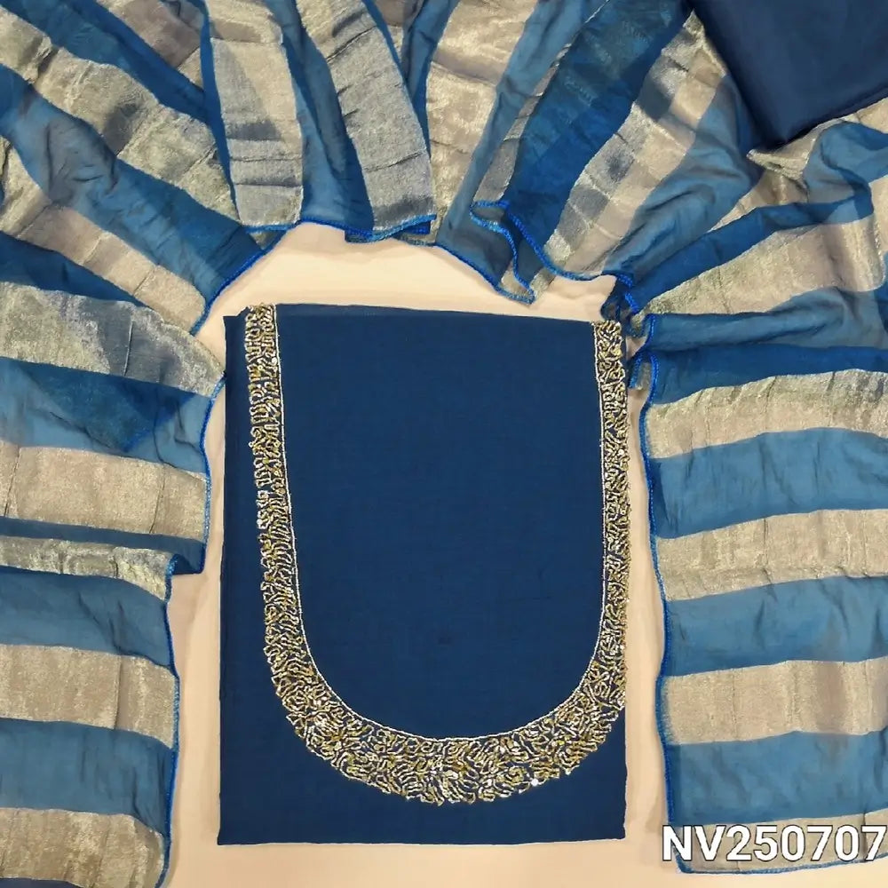Teal blue soft silk cotton unstitched salwar material (Lining needed) cut, sugar bead, sequins on yoke, matching silky bottom, tissue lines silk cotton dupatta. NV250721