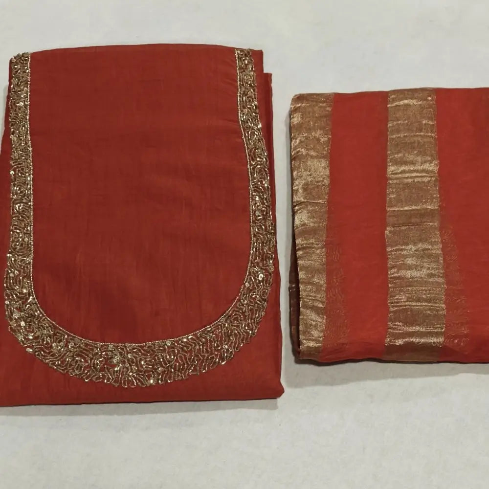 Bright orange soft silk cotton unstitched salwar material (Lining needed) cut, sugar bead, sequins on yoke, matching silky bottom, tissue lines silk cotton dupatta. NV250722