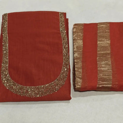 Bright orange soft silk cotton unstitched salwar material (Lining needed) cut, sugar bead, sequins on yoke, matching silky bottom, tissue lines silk cotton dupatta. NV250722