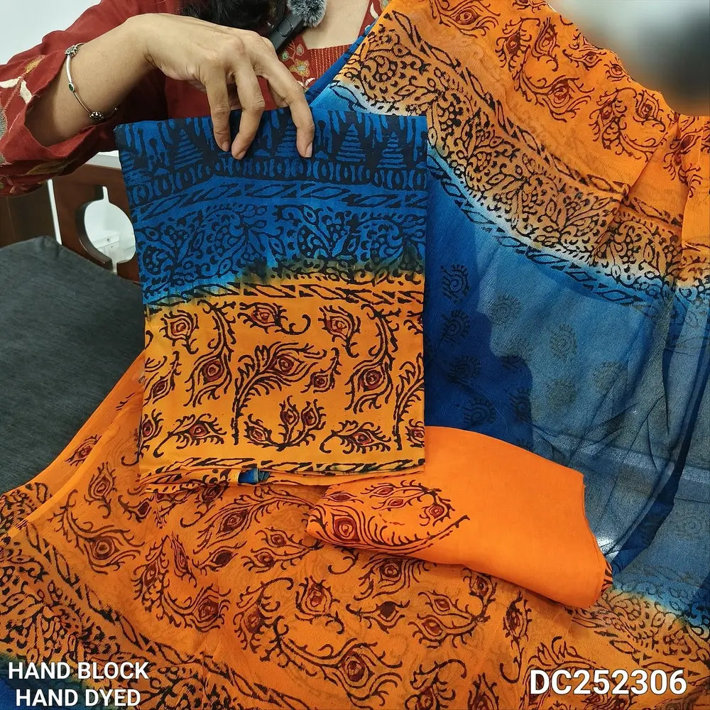 PREORDER 1 WEEK Orange & teal uppada silk unstitched salwar material (lining needed) hand block printed allover, santoon bottom, block printed premium chiffon dupatta (TAPING NEEDED).DC252306(there will be inconsistency of color and block prints)