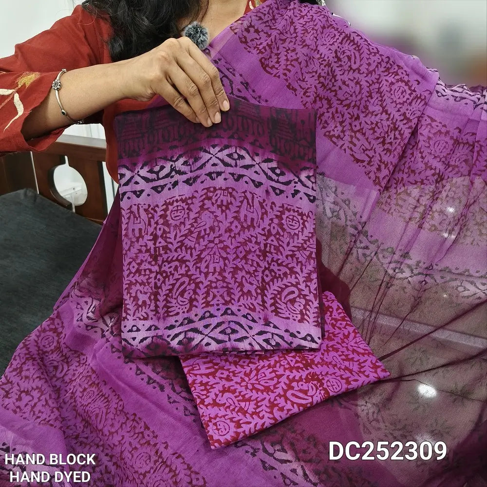 Mauve & beetroot purple uppada silk unstitched salwar material (lining needed) hand block printed allover, printed santoon bottom, block printed premium chiffon dupatta (TAPING NEEDED). DC252309(there will be inconsistency of color and block prints)