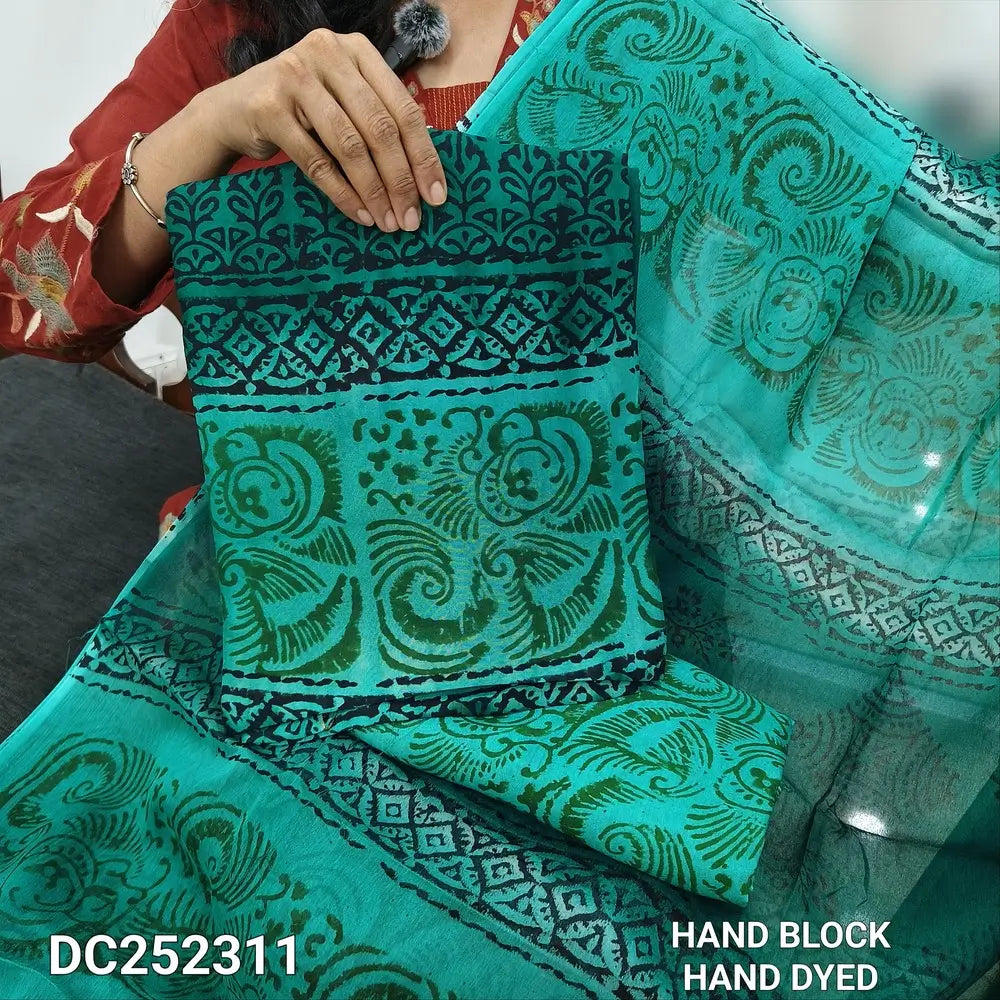 PREORDER 1 WEEK Light & dark turquoise Blue uppada silk unstitched salwar material(lining needed)hand block printed allover,santoon bottom,block printed premium chiffon dupatta(TAPING NEEDED).DC252311(there will be inconsistency of color and block prints)