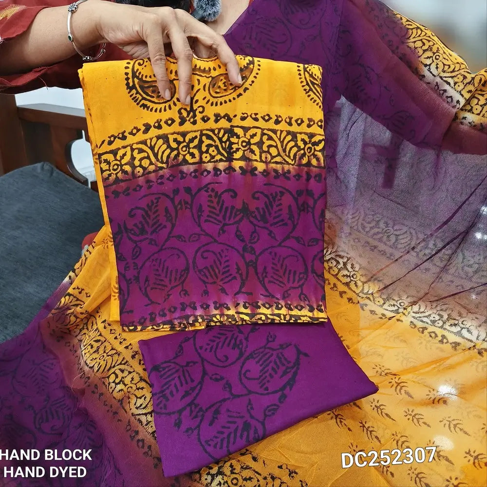 PREORDER 1 WEEK Purple & Yellow uppada silk unstitched salwar material (lining needed) hand block printed allover, santoon bottom, block printed premium chiffon dupatta(TAPING NEEDED).DC252307(there will be inconsistency of color and block prints)