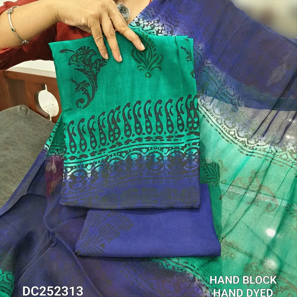 Dark Blue& Turquoise uppada silk unstitched salwar material (lining needed) hand block printed allover, printed santoon bottom, block printed premium chiffon dupatta (TAPING NEEDED). DC252313(there will be inconsistency of color and block prints)